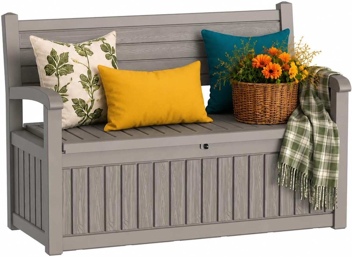 Outdoor Bench, Waterproof Garden Bench with Storage, 100 Gallon Lockable Resin Deck Box, Weatherproof Bench Seating for Patio Yard Cushions Tools, Black