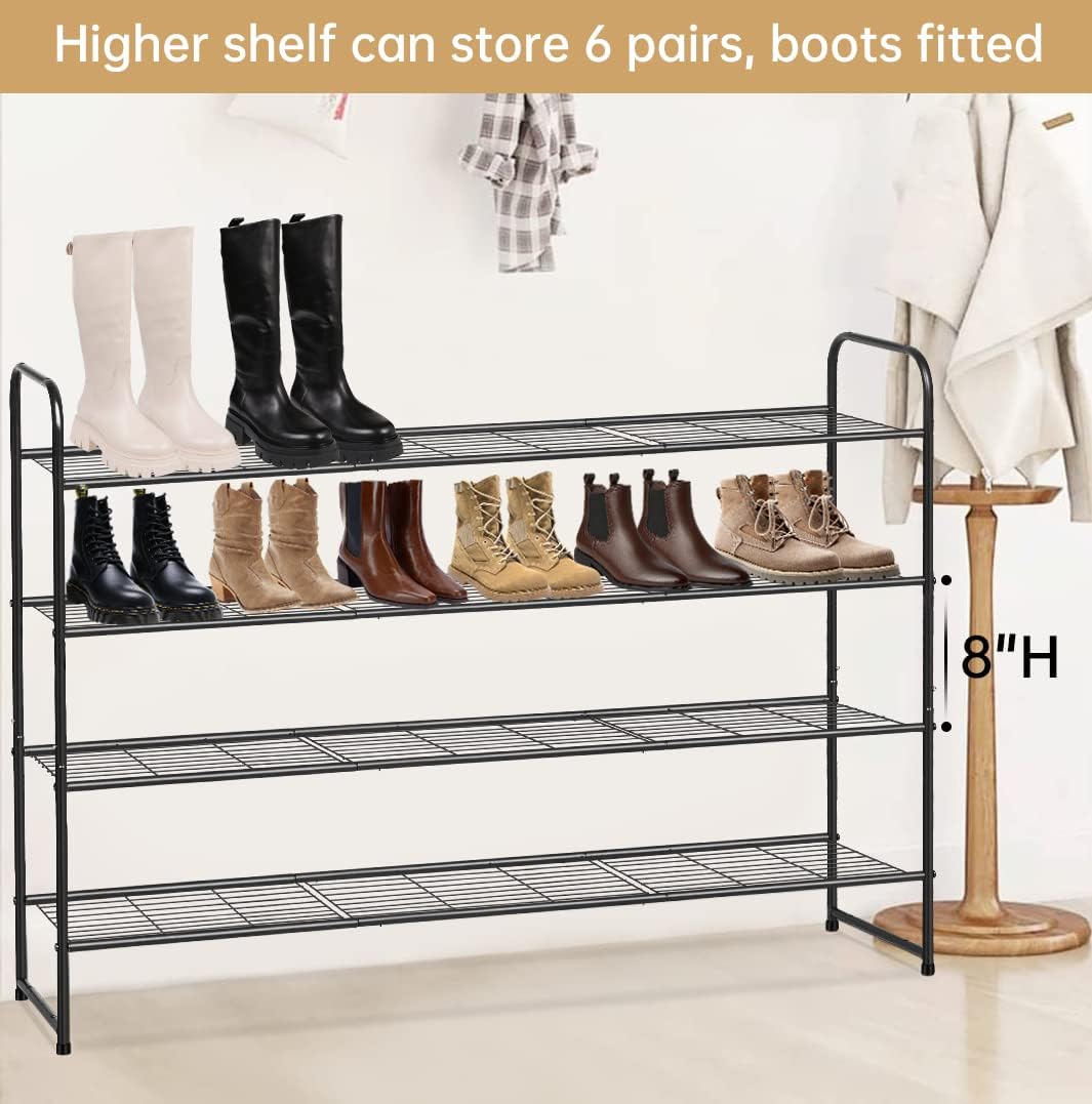 KEETDY 3-Tier Long Shoe Rack for Closet Metal Shoe Organizer for Entryway, Wide Stackable Shoe Storage Shelf with Sturdy Wire Grid for Closet Floor, Bedroom, Black