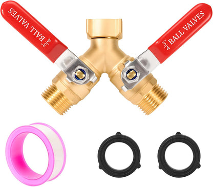 Hose Splitter 2 Way, 3/4 Inch GHT Thread Y Valve Connector with Stainless Steel Long Handle, Full Flow Garden Brass Hose Splitter for Outdoor Watering, Irrigation, Washing
