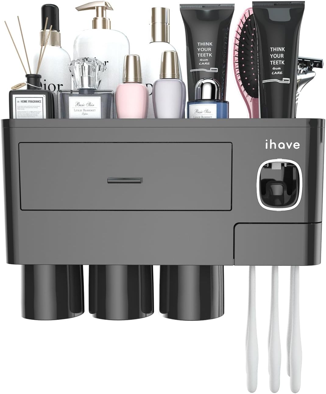 iHave Toothbrush Holders for Bathrooms, 2 Cups Toothbrush Holder Wall Mounted with Toothpaste Dispenser - Large Capacity Tray, Cosmetic Drawer - Tooth Brushing Holder & Bathroom Accessories