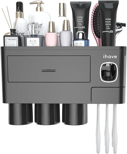 iHave Toothbrush Holders for Bathrooms, 2 Cups Toothbrush Holder Wall Mounted with Toothpaste Dispenser - Large Capacity Tray, Cosmetic Drawer - Tooth Brushing Holder & Bathroom Accessories