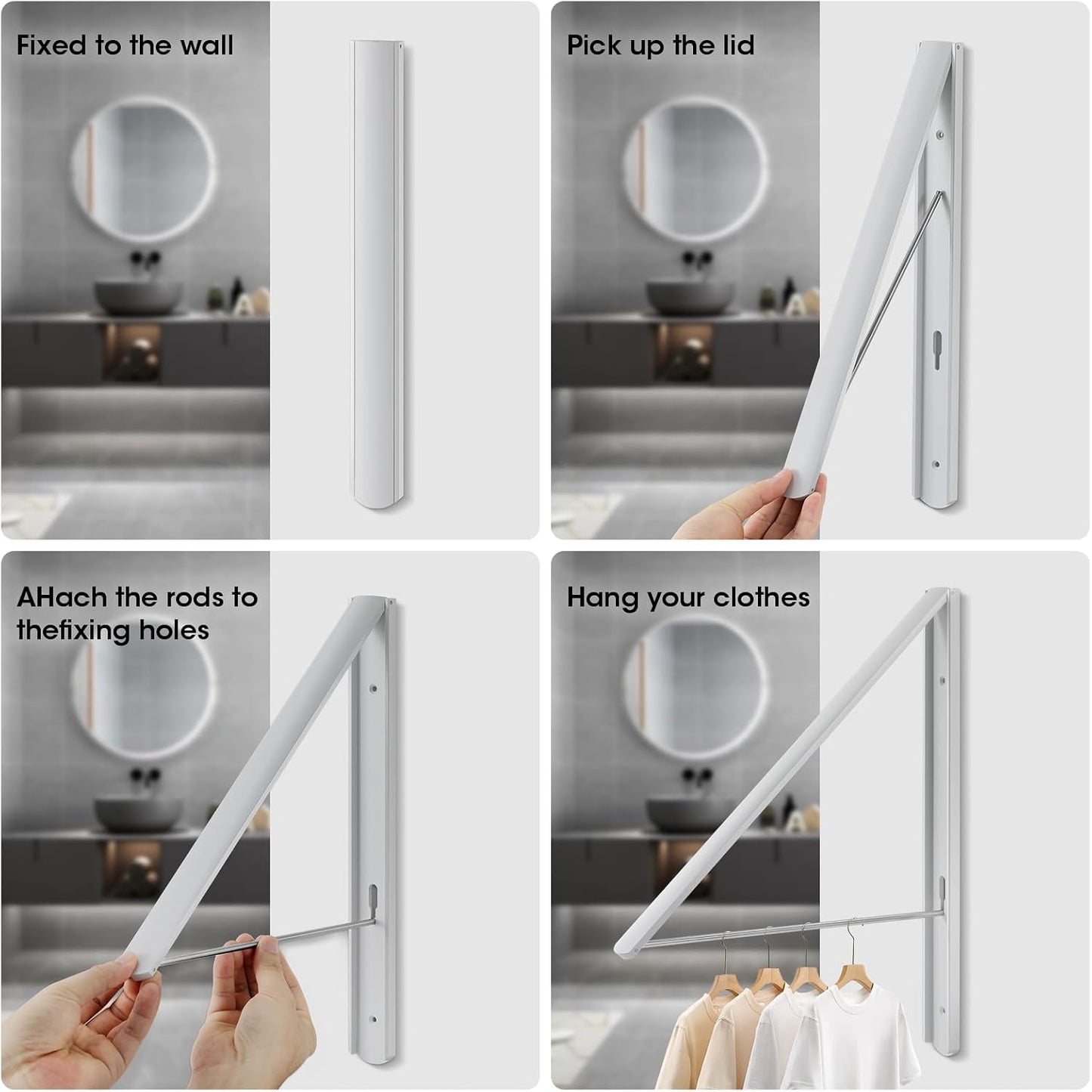 Retractable Clothes Drying Rack Wall Mounted, White | Foldable, Space-Saving, For Laundry Room/Bathroom/RV, Stainless Steel/Aluminum