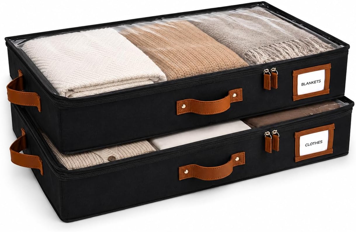 HOMELUX THEORY 2pc Low Profile Under Bed Storage Containers, Thin Under Couch Storage Organizer with Bins & Lids, Underbed Storage Box Ideal for Seasonal Clothes, Blankets, Fabric & Shoes (Ivory)