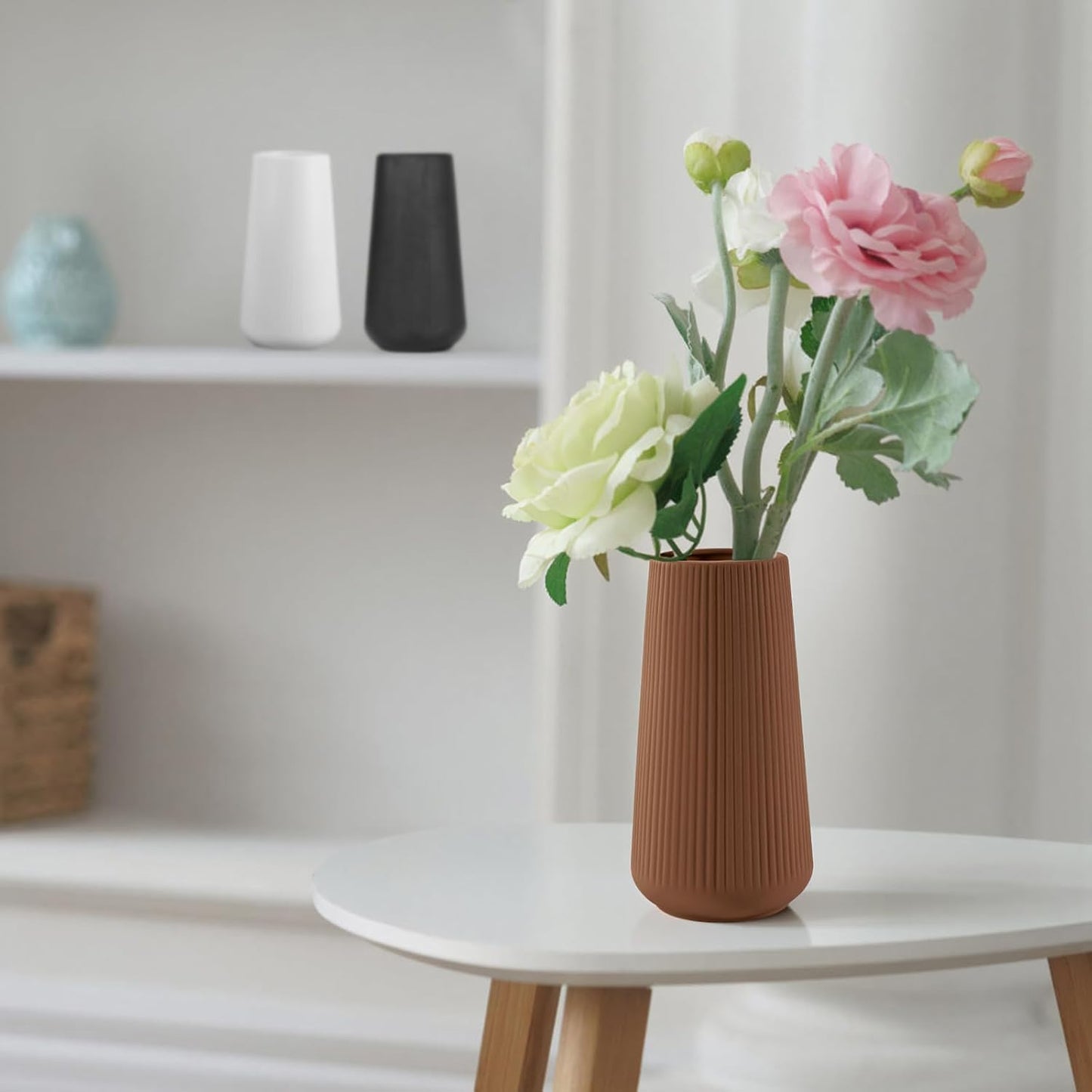 White Ceramic Vase, GUKJOB Small Cute Flower Vase for Pampas Grass, Home, Living Room, Dining Table, Farmhouse, Office Decor, Bedroom, Table, and Kitchen Shelf (White- 2PCS)