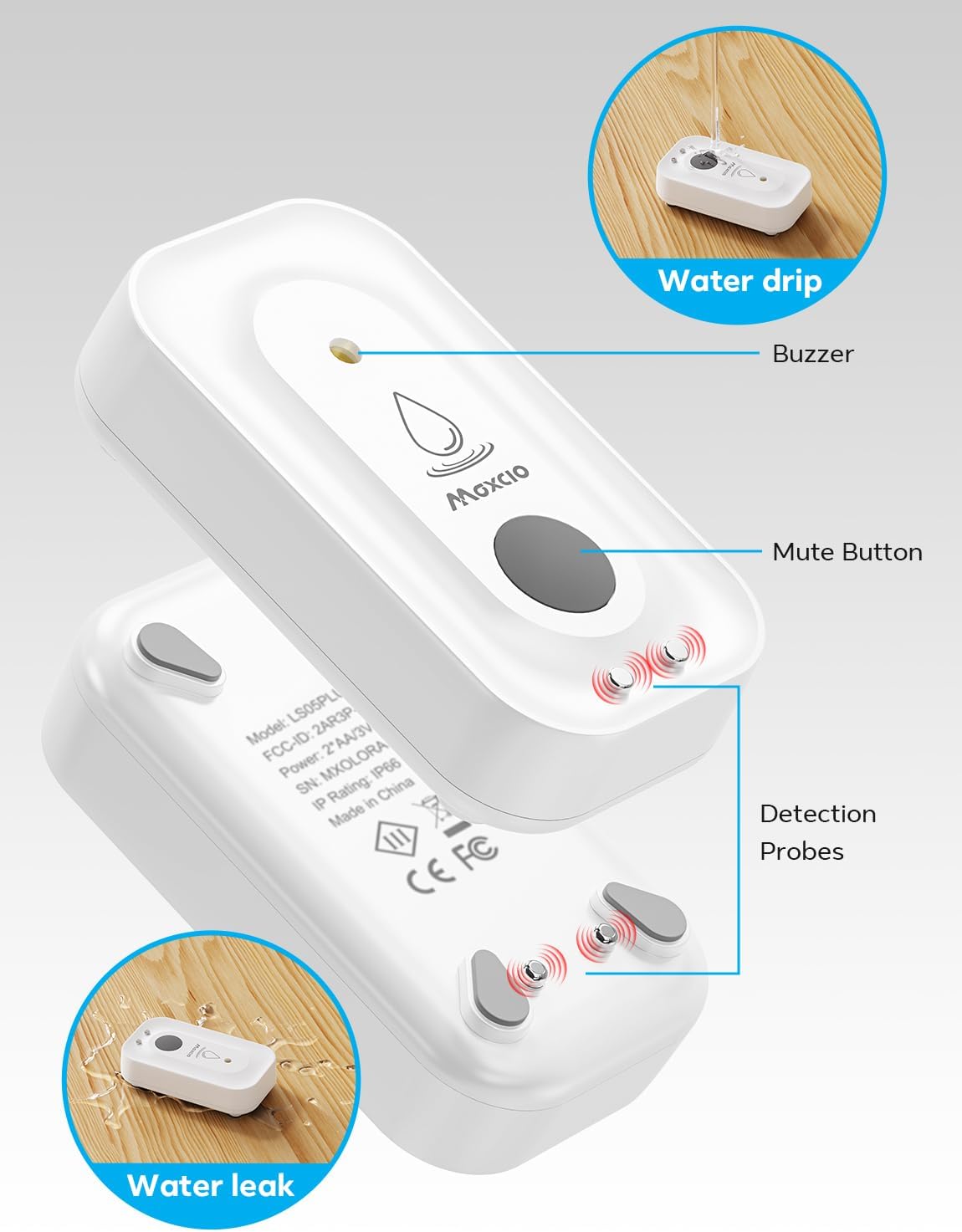 MAXCIO Water Leak Detectors 5 Pack, 110dB Adjustable Smart Water Sensor, Leak and Drip Alert, IP66 Waterproof for Basement, Bathroom, and Kitchen