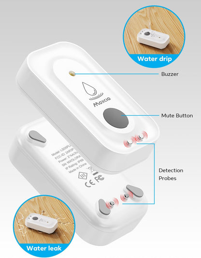 MAXCIO Water Leak Detectors 5 Pack, 110dB Adjustable Smart Water Sensor, Leak and Drip Alert, IP66 Waterproof for Basement, Bathroom, and Kitchen