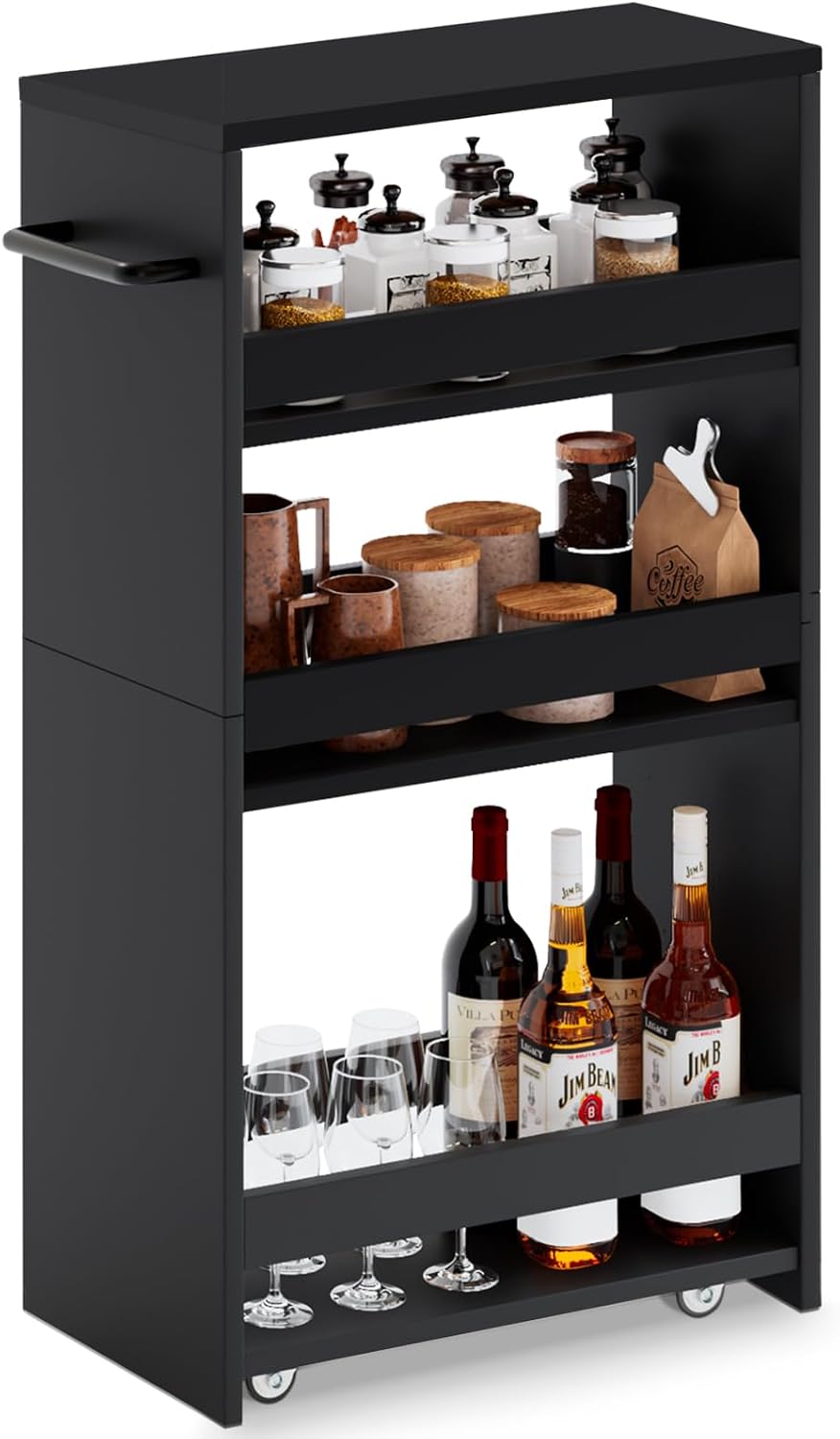 MARTY Slim Rolling Storage Cart 4-Tier Kitchen Cart with Wheels, Laundry Room Storage with Handle Slide Out Utility Cart Shelving Unit Organizer Trolley for Narrow Places Bathroom Small Corner, Black