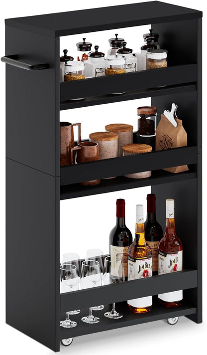 MARTY Slim Rolling Storage Cart 4-Tier Kitchen Cart with Wheels, Laundry Room Storage with Handle Slide Out Utility Cart Shelving Unit Organizer Trolley for Narrow Places Bathroom Small Corner, Black
