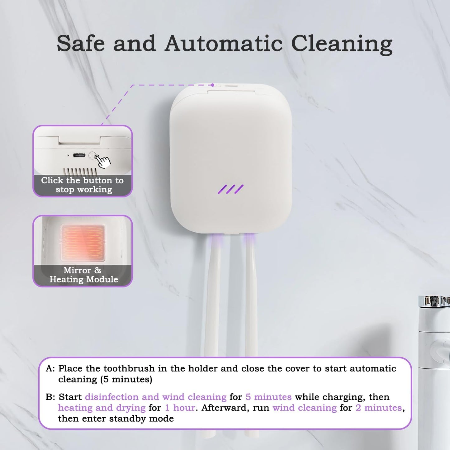 UV-C Toothbrush Sanitizer Case, Dual Light Cleaner Cover with Clear Window, USB-C Rechargeable Travel Holder for Electric and Manual Brushes, White