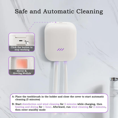 UV-C Toothbrush Sanitizer Case, Dual Light Cleaner Cover with Clear Window, USB-C Rechargeable Travel Holder for Electric and Manual Brushes, White