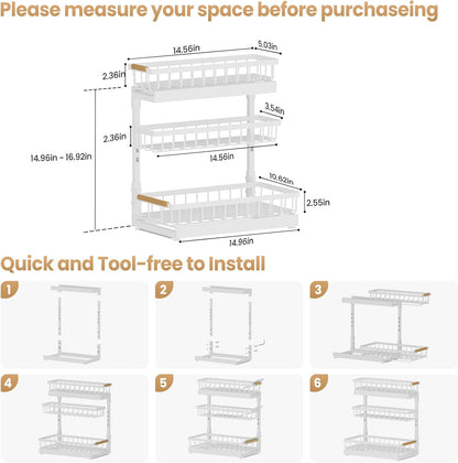 Under Sink Organizer and Storage for Bathroom and Kitchen - 2 Pack 3 Tier Under Cabinet Pull Out Shelf Organizers - Slide Out Drawer Organization for Home Cabinets Shelves and Drawers