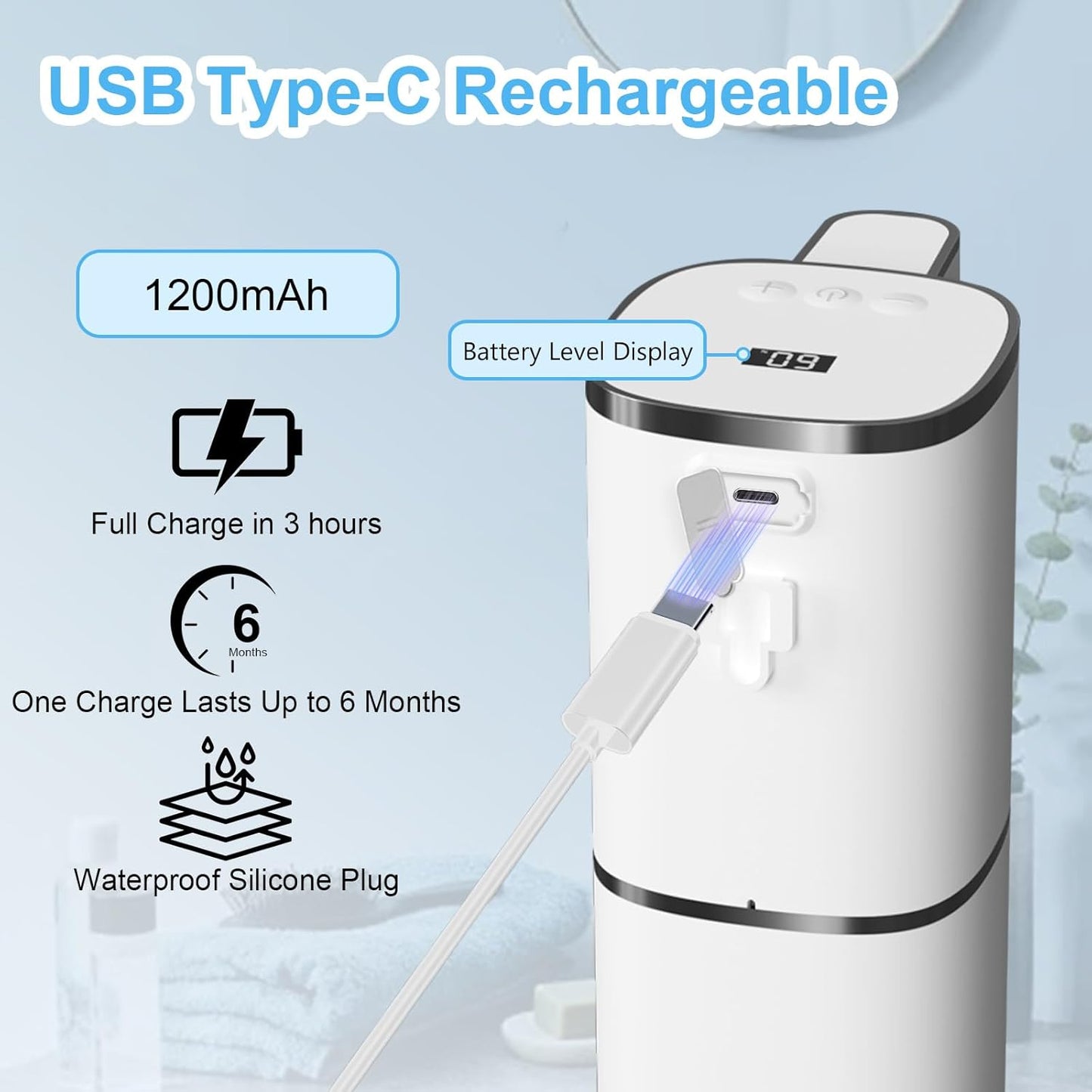OHIFAST Automatic Foaming Soap Dispenser Touchless, USB Rechargeable Smart Hand Soap Dispenser, 9-Level Adjustable, Physical Button Operation, 13.5oz/400mL Wall Mounted for Bathroom Kitchen Dish Soap