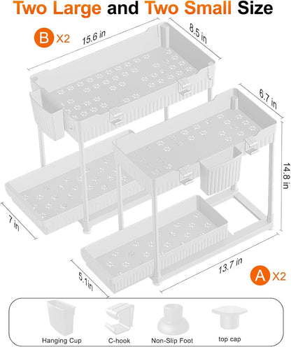 Sevenblue 4-Pack 2-Tier Under Sink Organizer with Pull Out Drawers | Multi-use kitchen & bathroom storage. Includes hanging hooks and cups. Black, space-saving cabinet design.