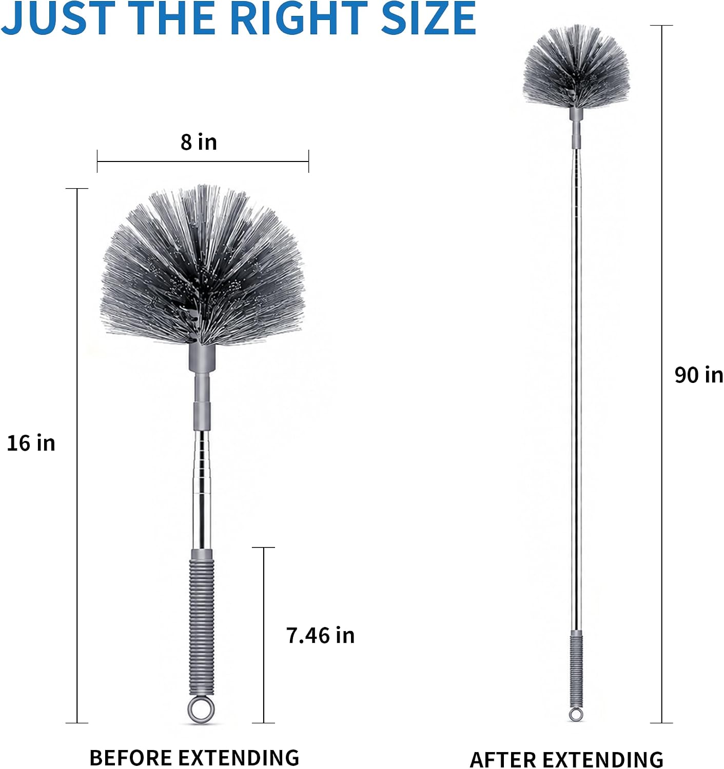Cobweb Duster with Extension Pole, Upgraded Heavy Duty Thickened Stainless Steel Telescopic Handle for High Ceilings & Ceiling Fans, 90" Total Reach (15.7" Compact), Medium Stiff Bristles (Orange)