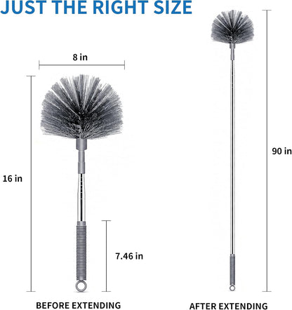Cobweb Duster with Extension Pole, Upgraded Heavy Duty Thickened Stainless Steel Telescopic Handle for High Ceilings & Ceiling Fans, 90" Total Reach (15.7" Compact), Medium Stiff Bristles (Orange)
