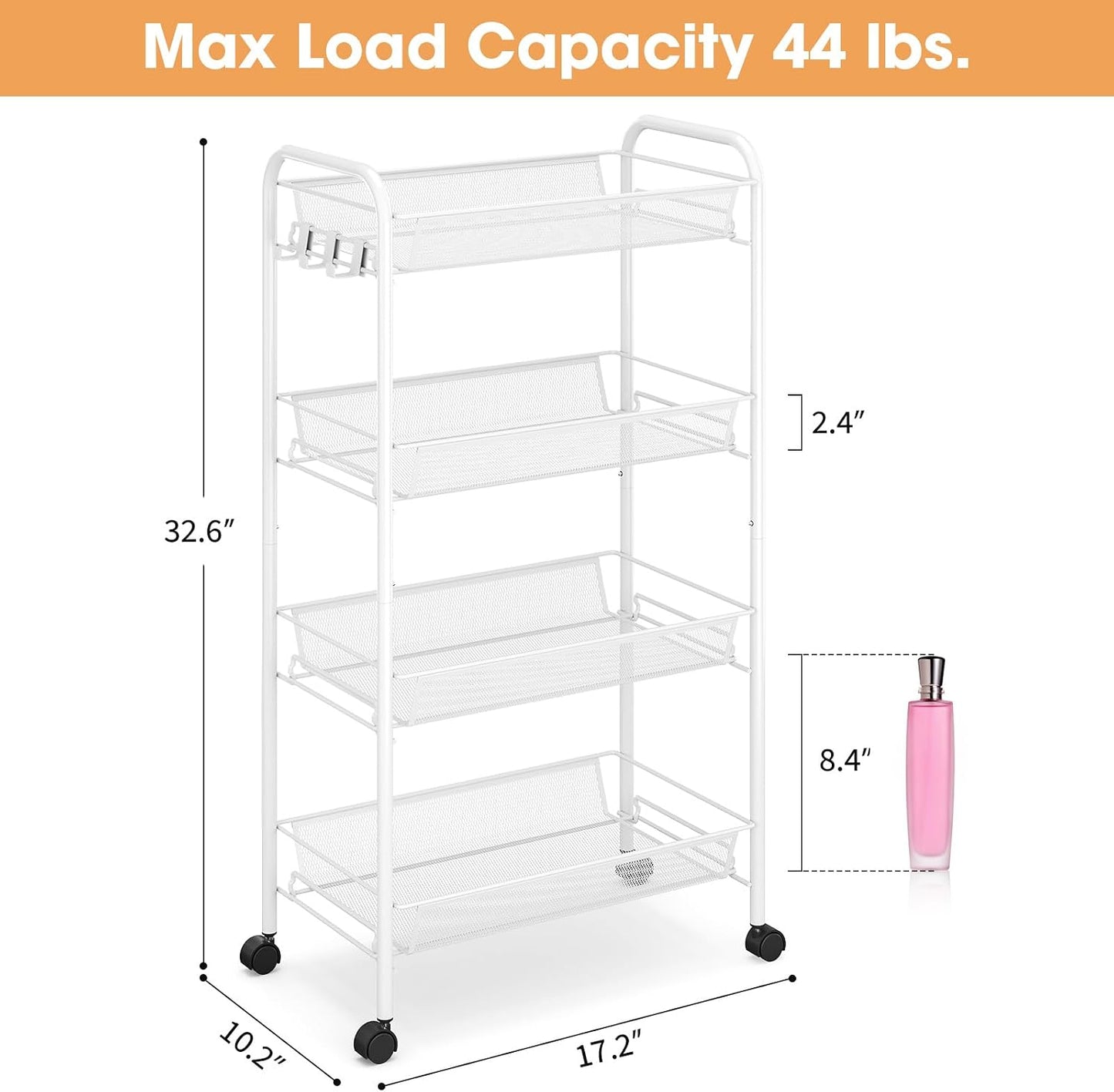 TOOLF 3-Tier Metal Rolling Cart, Mesh Wire Easy Assemble Utility Cart, Storage Trolley on Wheels with 3 Hooks, MetalStorage Shelving Units for Kitchen Bathroom Laundry Room
