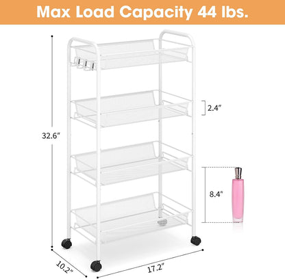 TOOLF 3-Tier Metal Rolling Cart, Mesh Wire Easy Assemble Utility Cart, Storage Trolley on Wheels with 3 Hooks, MetalStorage Shelving Units for Kitchen Bathroom Laundry Room