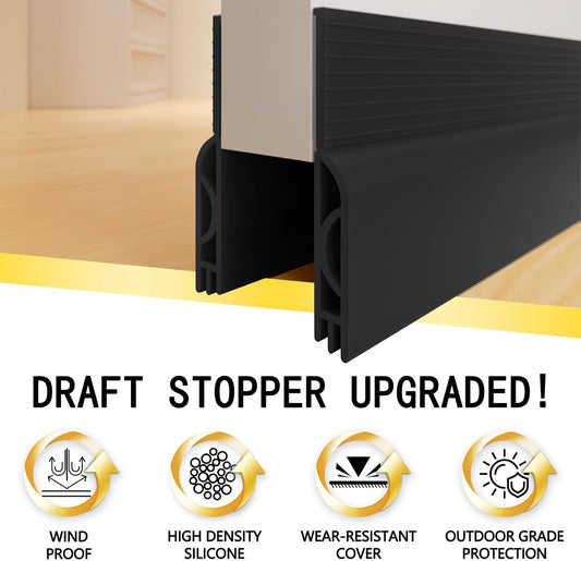 Door Draft Stopper for Bottom of Door, Weather Stripping Door Seal Door Gap Blocker Draft Noise Cold Air Insulation for Exterior Interior Save Energy Easy Adhesive Installation (Black, 39")