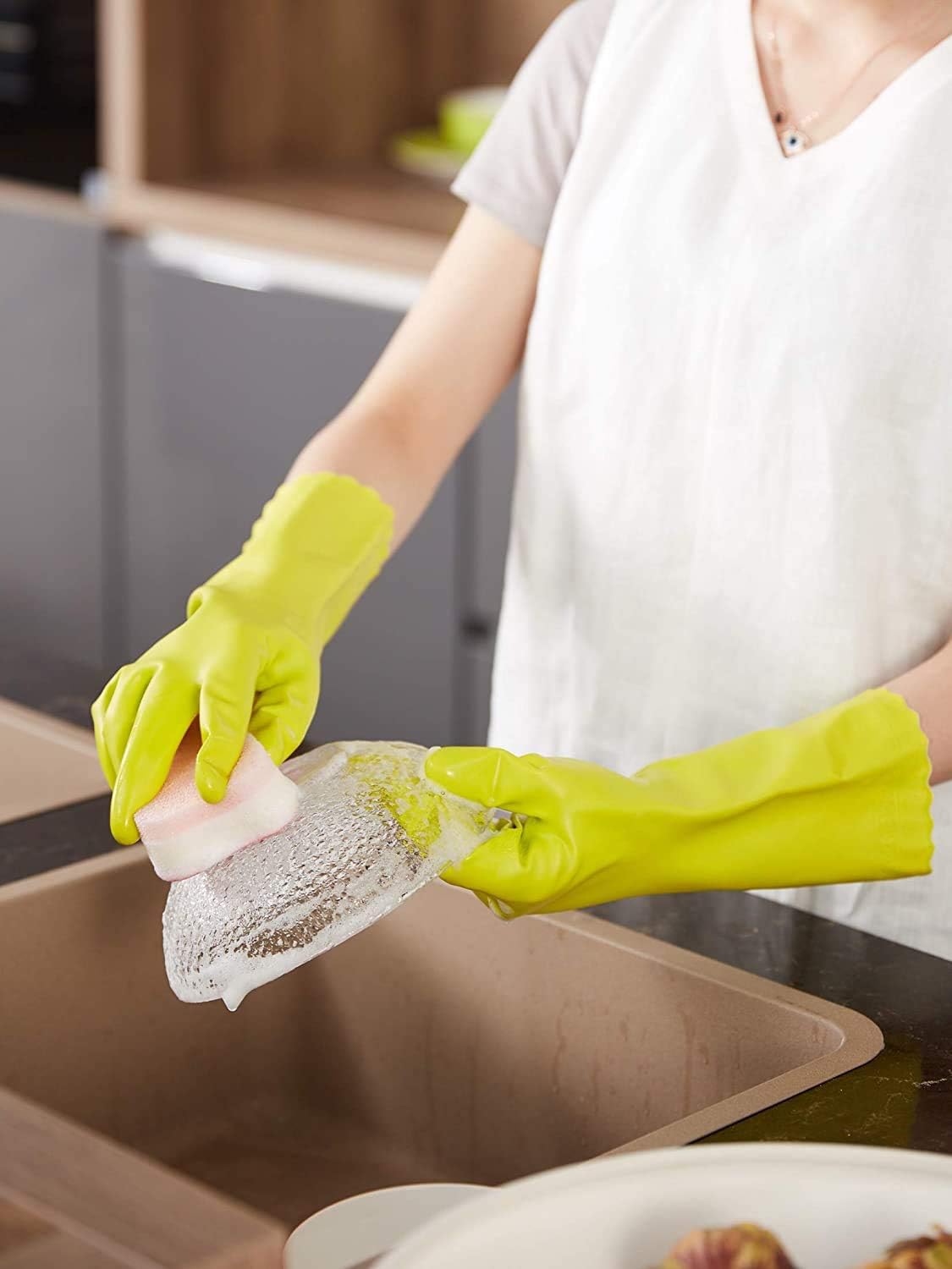 LANON wahoo Skin-Friendly Cleaning Gloves, Dishwashing Kitchen Gloves with Cotton Flocked Liner, Reusable, Non-Slip, Mauve Mist, Medium