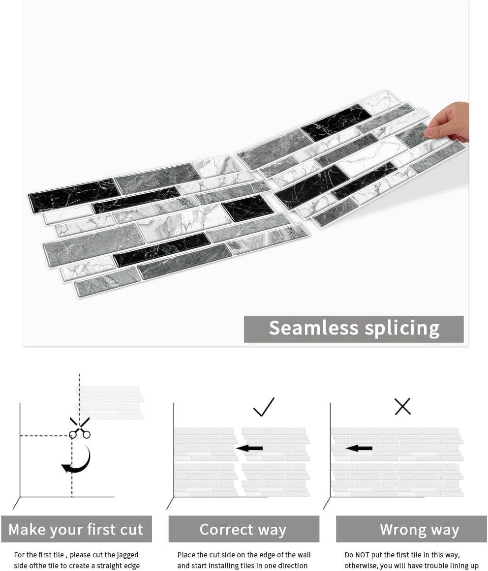 36 Sheets of Self Adhesive Marble Tile Wall Tiles Vinyl Sticker | 9.68 x 4.72in Water Resistant, Easy to Stick and Peel off, Suitable for DIY Decoration on Ceilings and Walls (Black)