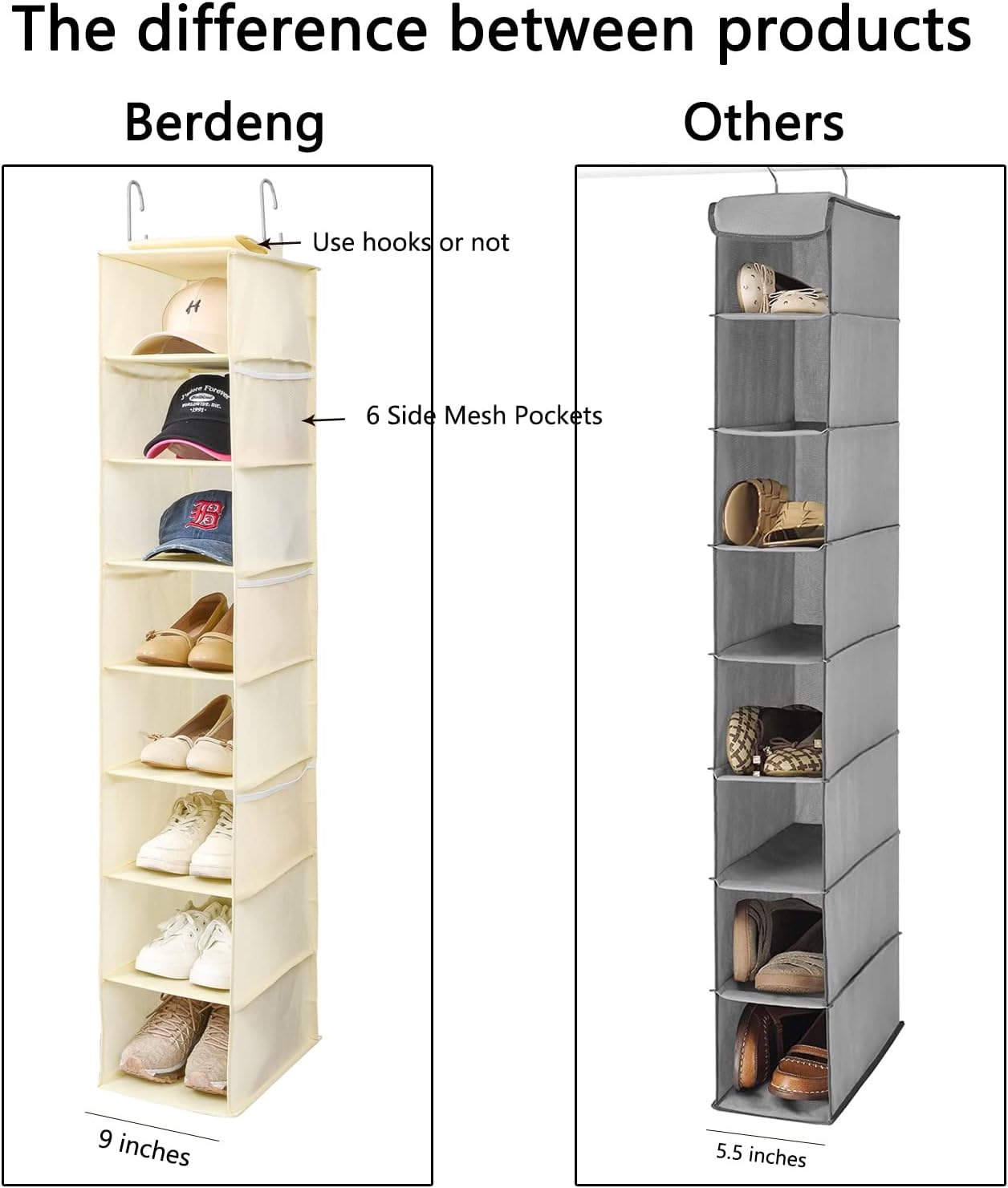 Berdeng Hanging Shoe Organizer for Closet with Side Mesh Pockets，Hat Racks for Baseball Caps，Shoe and Hat Holder & Storage，8-Shelf，Gray，1 Pack