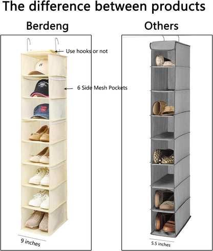 Berdeng Hanging Shoe Organizer for Closet with Side Mesh Pockets，Hat Racks for Baseball Caps，Shoe and Hat Holder & Storage，8-Shelf，Gray，1 Pack