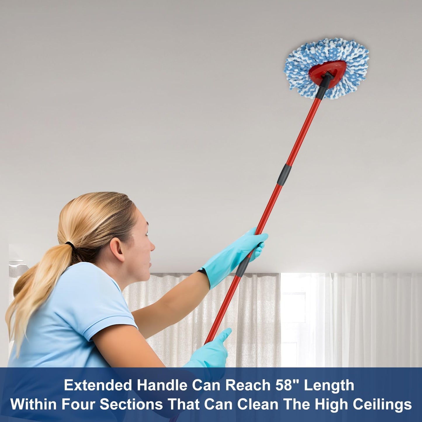 Mop Replace Heads Mop Handle and Base Replacement for O Cedar EasyWring 1-Tank Spin Mop System, 2 Microfiber Mops Refills, 4-Section Iron Mop Handle 30-58Inch and 1 Mopping Heads Cover Set (No Bucket)