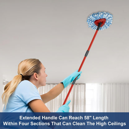 Mop Replace Heads Mop Handle and Base Replacement for O Cedar EasyWring 1-Tank Spin Mop System, 2 Microfiber Mops Refills, 4-Section Iron Mop Handle 30-58Inch and 1 Mopping Heads Cover Set (No Bucket)