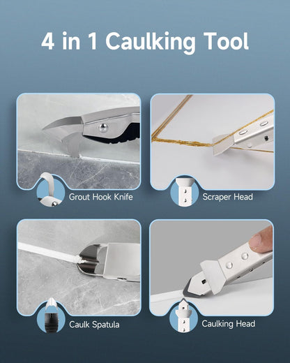 Silicone Caulking Tool Kit, Stainless Steel Caulk Remover Tool, 4 in 1 Grout Removal Tool with Comfortable Grip