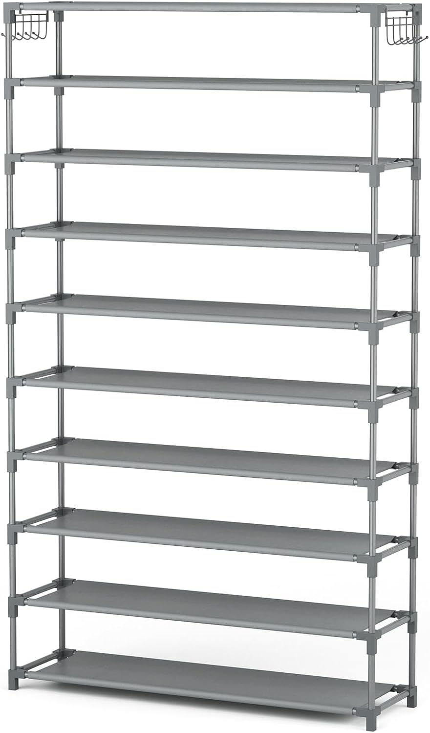 LANTEFUL 10 Tiers Shoe Rack 50 Pairs Large Capacity Tall Shoe Organizer Sturdy Shoe Storage with Two Hooks Space Saving Metal Wide Shoe Rack for Closet, Entryway, Bedroom, Black