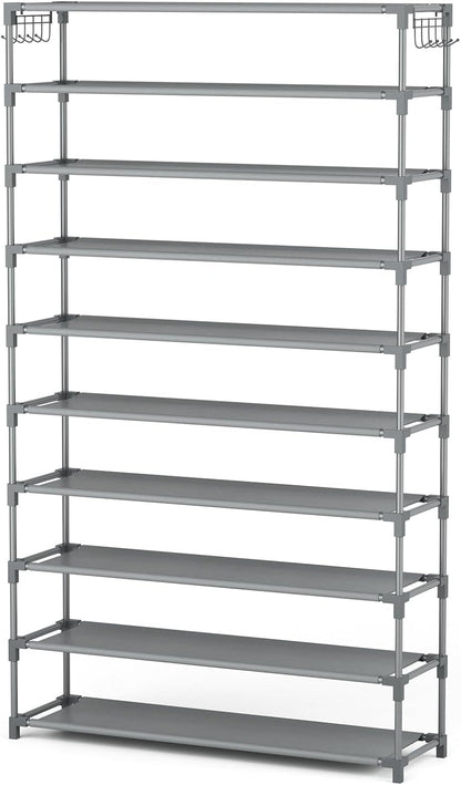LANTEFUL 10 Tiers Shoe Rack 50 Pairs Large Capacity Tall Shoe Organizer Sturdy Shoe Storage with Two Hooks Space Saving Metal Wide Shoe Rack for Closet, Entryway, Bedroom, Black