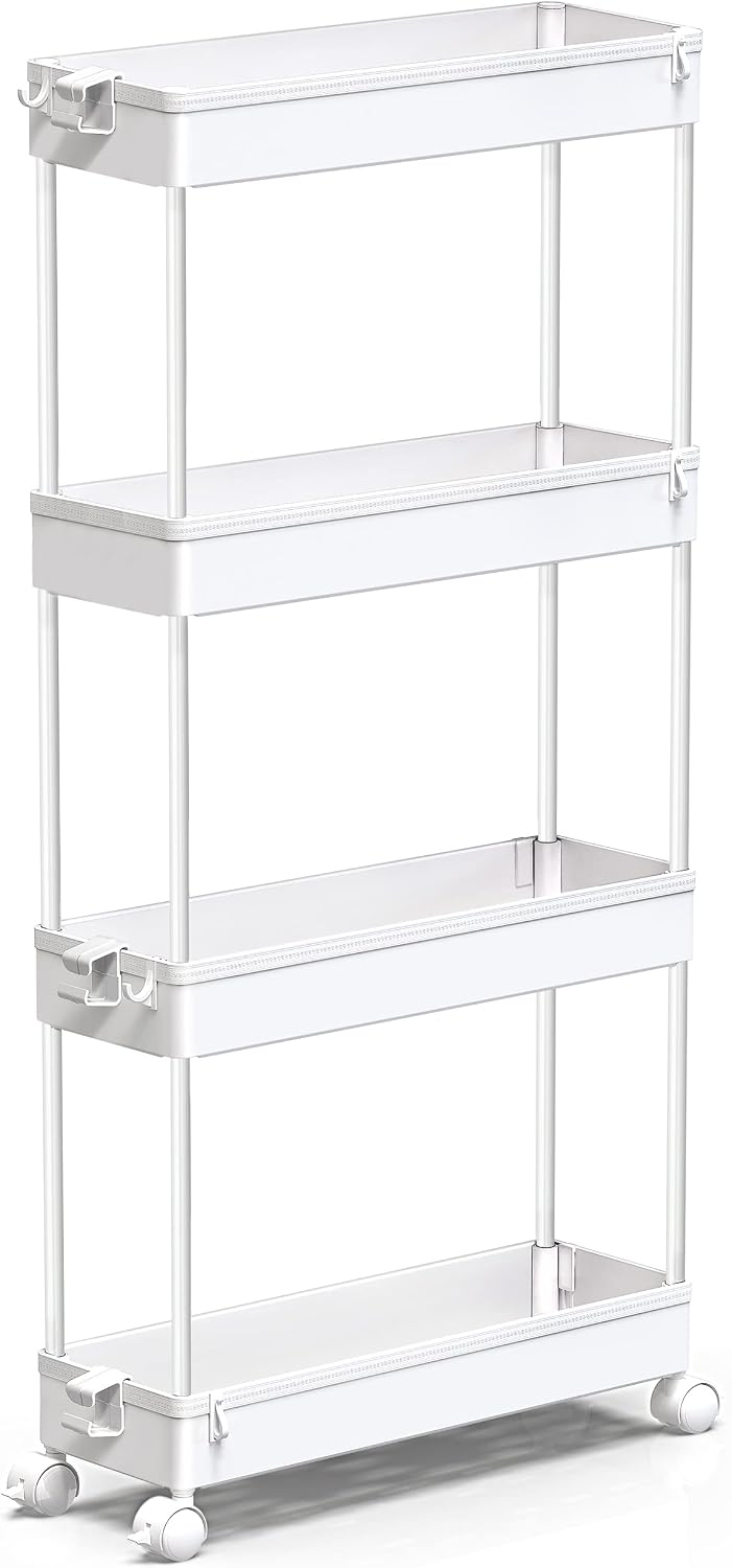 SPACEKEEPER Slim Rolling Storage Cart 4 Tier Bathroom Organizer Cart Mobile Shelving Unit Slide Out Utility Cart for Kitchen, Bthroom, Makeup, Craft, Laundry Narrow Places, Black