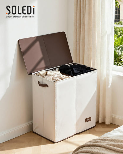 SOLEDI Luxury Double Laundry Hamper with Lid and Removable Bags, 38.3 Gal Large Laundry Bin, Laundry Basket 2 Sections, Collapsible Clothes Hamper for Bedroom, Laundry Room, Bathroom, Off-white