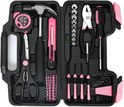144-Piece General Household Hand Tool Kit with Plastic Toolbox Pink | Basic General Hand Tool Kit, Household Tool Set, for Home Repair, Office & College Dormitory Use, Daily Use for Women