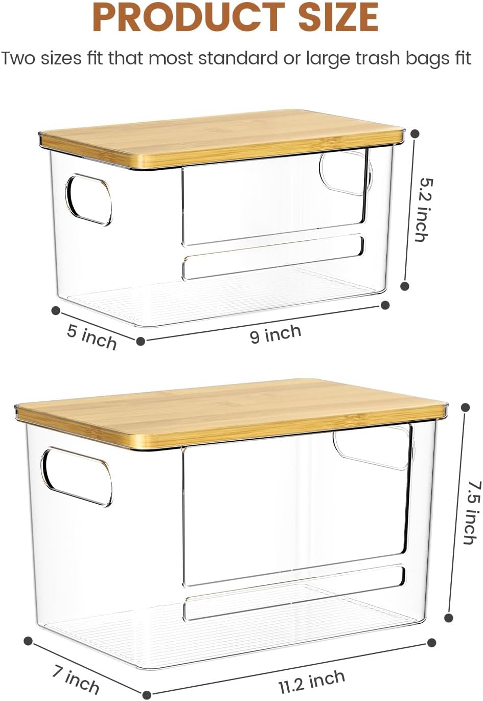 Trash Bag Dispenser 2 Pack - Under Sink Organizer, Plastic Bag Holder, Stackable Acrylic Garbage Bag Storage with Bamboo Lid for Kitchen Cabinet, 13/30/33 Gallon Grocery Bag Dispenser