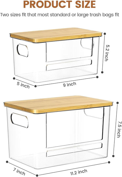 Trash Bag Dispenser 2 Pack - Under Sink Organizer, Plastic Bag Holder, Stackable Acrylic Garbage Bag Storage with Bamboo Lid for Kitchen Cabinet, 13/30/33 Gallon Grocery Bag Dispenser