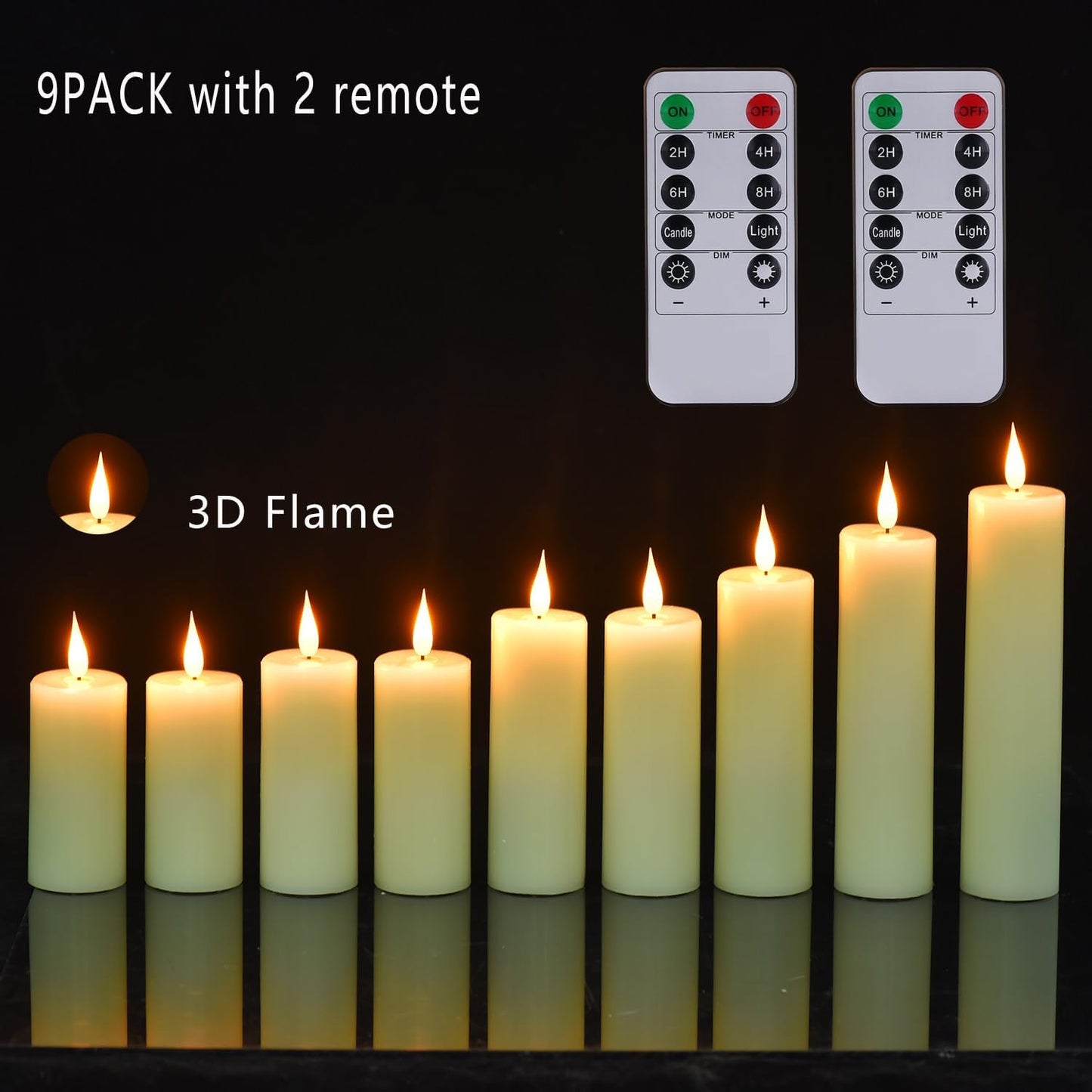 Flameless Flickering Battery Operated Candles D2.2''*H4 5" 6" 7" 8" 9" Set of 9 Ivory Real Wax Pillar LED Candles with 10-Key Remote and Cycling 24 Hours Timer (Ivory)