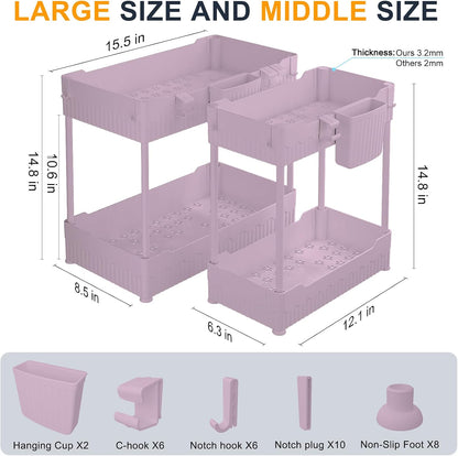 Sevenblue 2 Pack Under Sink Organizer, Under Bathroom Cabinet Organizer with Hooks Hanging Cup, Multi-Purpose Storage Shelf for Kitchen Bathroom, Black