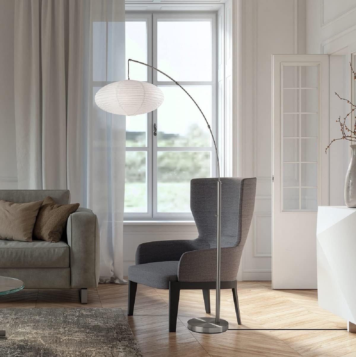 Adesso Arc Floor Lamp, 80” Tall Black Base, Oval Off-White Paper Shade – Convenient Overhead Lighting for Living Room, Nursery, Bedroom or Office