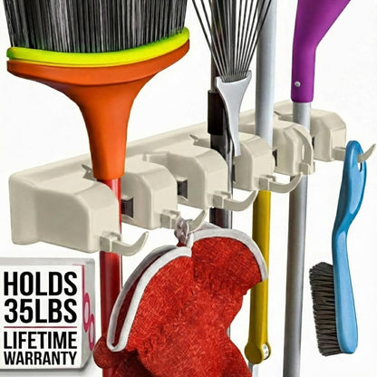 Broom Holder Wall Mount, Mop and Broom Organizer – Wall Mounted Broom Rack & Mop Rack, Rack for Brooms and Mops | Broom Hanger Wall Mount with 5 Slots & 6 Hooks, Kitchen Garage Laundry Garden