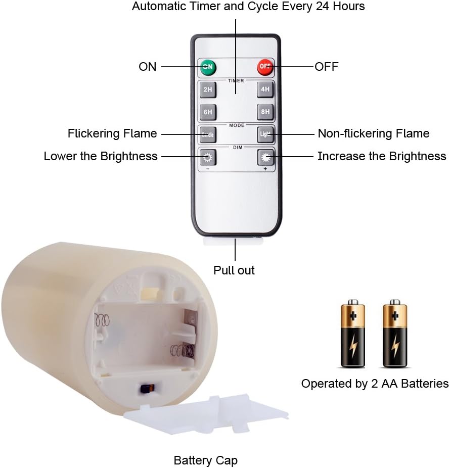 Homemory 9" x 3" Flameless Candles Battery Operated, Flickering LED Pillar Candles with Timers and 2 Remote Controls, Indoor Only, Flat Top, Ivory White Wax, Set of 2