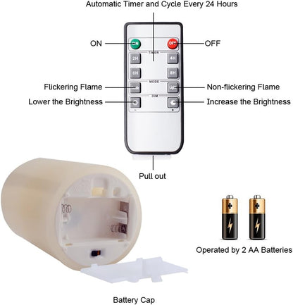Homemory 9" x 3" Flameless Candles Battery Operated, Flickering LED Pillar Candles with Timers and 2 Remote Controls, Indoor Only, Flat Top, Ivory White Wax, Set of 2