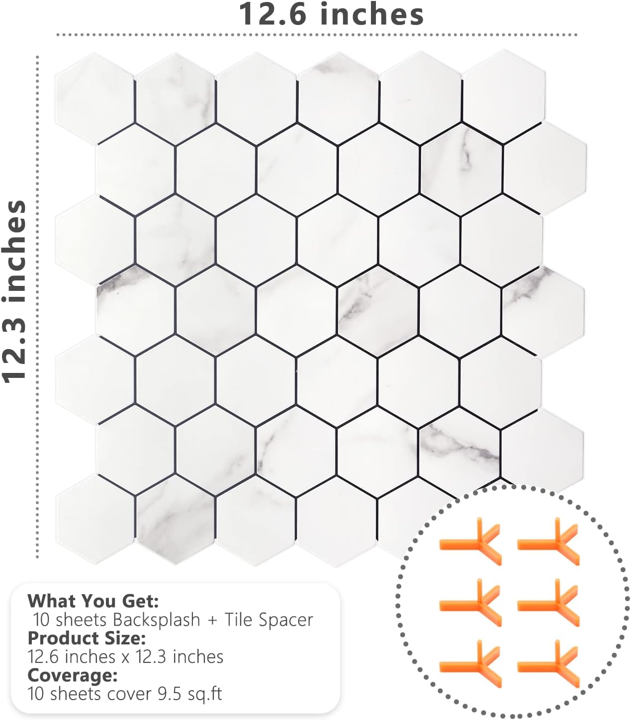 STICKGOO Peel and Stick Backsplash for Kitchen, Self-Adhesive Tile Hexagon Mosaic Tiles (10 Sheets, White Marble with Metal Gold )