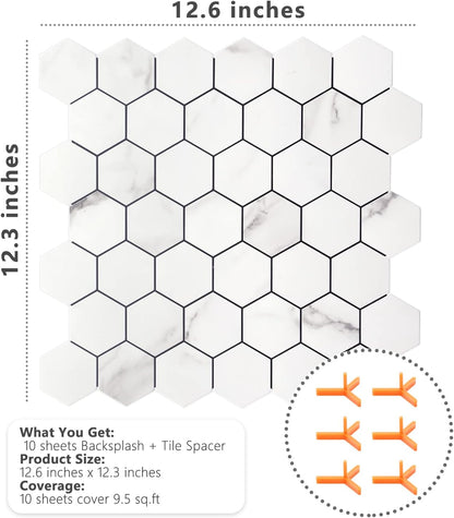 STICKGOO Peel and Stick Backsplash for Kitchen, Self-Adhesive Tile Hexagon Mosaic Tiles (10 Sheets, White Marble with Metal Gold )