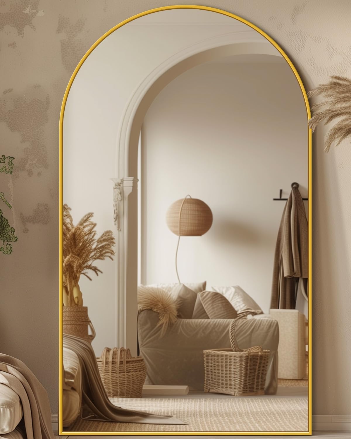 Antok 58" x19” Arched Full Length Floor Mirror, Gold Aluminum Frame, Free Standing/Wall Mount/Leaning for Bedroom, Living Room, Dressing Room