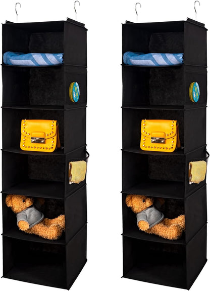 BrilliantJo 2 Pack Hanging Closet Organizer, 5 Shelves Hanging Storage with 6 Side Pockets for Clothes Shoes, 43"x12"x12"(Black)