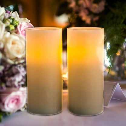 Homemory 9" x 3" Flameless Candles Battery Operated, Flickering LED Pillar Candles with Timers and 2 Remote Controls, Indoor Only, Flat Top, Ivory White Wax, Set of 2