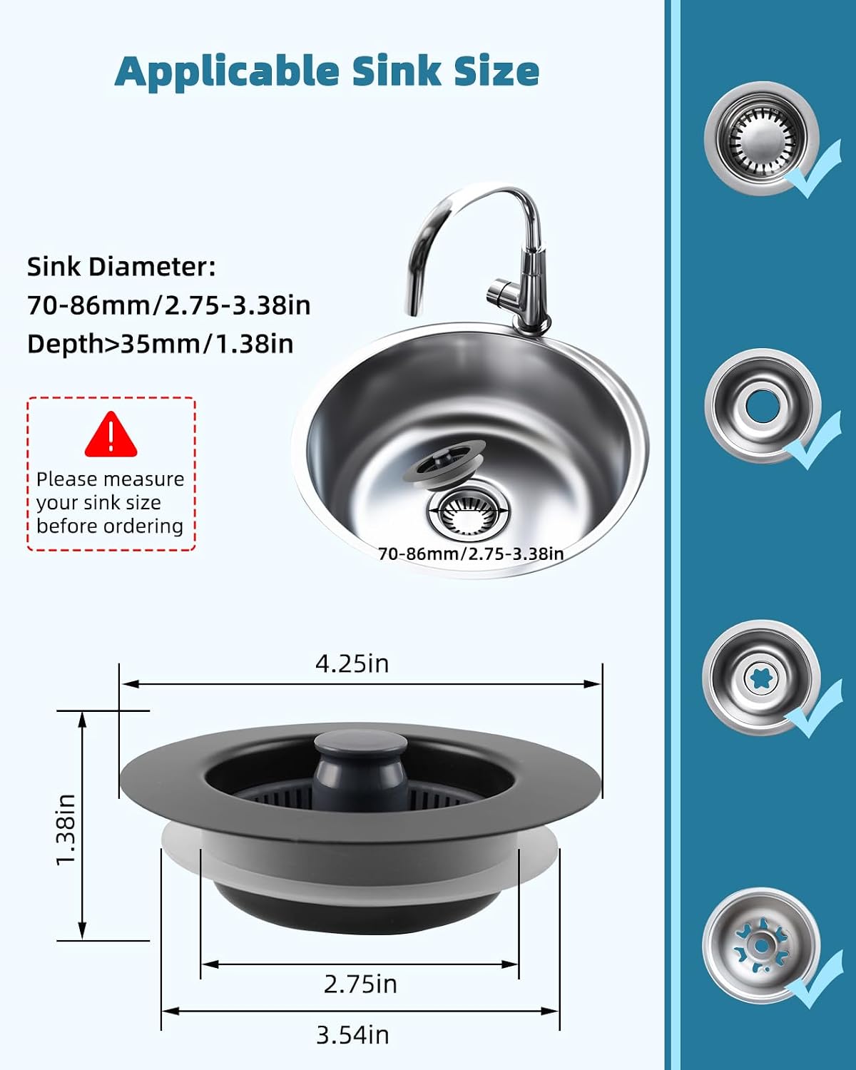 All Metal Sink Drain Strainer for Kitchen Sink, Universal Fit | Pop Up 3-in-1 Sink Stopper Drainer, 304 Stainless Steel Basket for US Standard 3-1/2 inch Drain Filter, Anti-clog