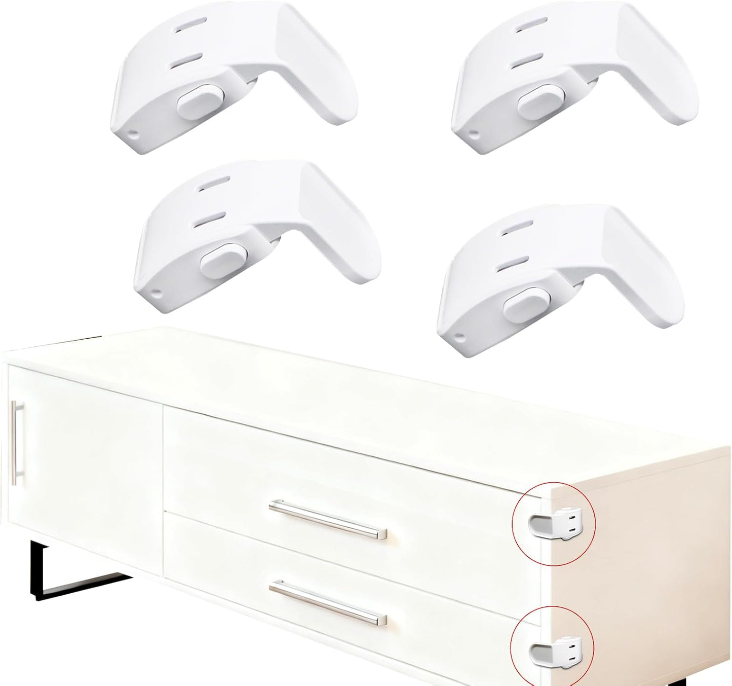 Baby Proof Drawer Locks 4 Pack White, Child Safety Cabinet Latches for Corners, No Drill Adhesive Furniture Lock for Kitchen Drawer Dresser Nightstand Toddler Security ﻿
