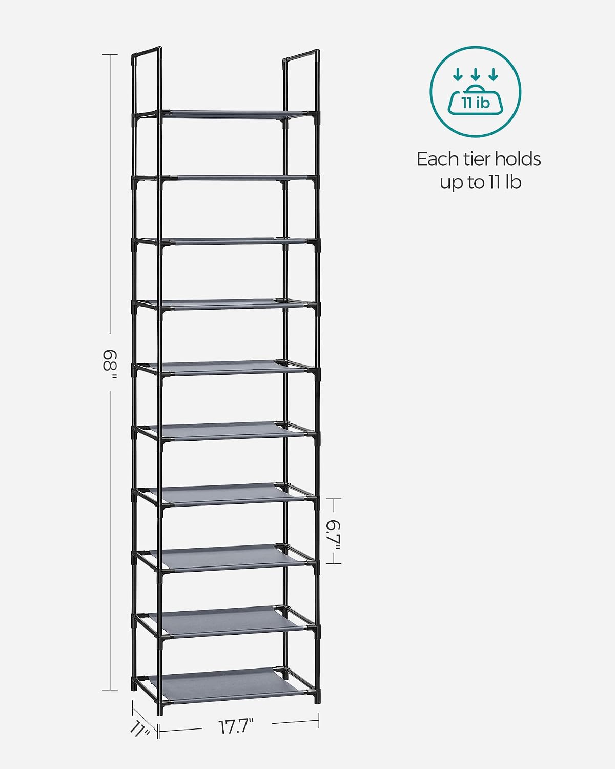 SONGMICS Shoe Rack, 10-Tier Shoe Shelf, Shoe Storage Organizer, 11 x 17.7 x 68 Inches, Metal Frame, Non-Woven Fabric Shelves, for Entryway, Bedroom, Black ULSH010B02